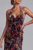 Veludo preto, decote floral com decote alto e baixo, assimétrico em linha A, vestido de mãe da noiva com folhos de fenda lateral