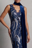 Lantejoulas em renda azul-marinho escura, vestido longo de mãe da noiva com drapeado