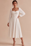 Vestido de Noivado Midi A-Line A-Line Branco com Mangas Compridas