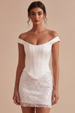 Vestido Mini Branco Pequeno Bodycon de Renda Floral Ombro Desnudo