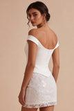 Vestido Mini Branco Pequeno Bodycon de Renda Floral Ombro Desnudo