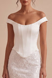 Vestido Mini Branco Pequeno Bodycon de Renda Floral Ombro Desnudo