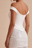 Vestido Mini Branco Pequeno Bodycon de Renda Floral Ombro Desnudo