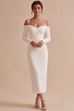 Vestido de noivado midi de mangas longas de mangas longas e ombro frio branco