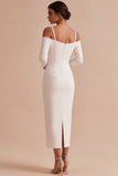 Vestido de noivado midi de mangas longas de mangas longas e ombro frio branco