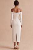 Vestido de noivado midi de mangas longas de mangas longas e ombro frio branco