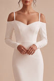 Vestido de noivado midi de mangas longas de mangas longas e ombro frio branco