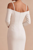 Vestido de noivado midi de mangas longas de mangas longas e ombro frio branco