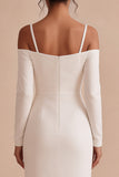 Vestido de noivado midi de mangas longas de mangas longas e ombro frio branco