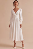 Vestido de noivado Midi branco franzado, com mangas compridas