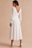 Vestido de noivado Midi branco franzado, com mangas compridas