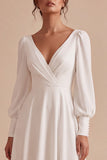 Vestido de noivado Midi branco franzado, com mangas compridas