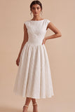 Vestido de noivado Jacquard branco A-Line Bateau Floral com manga curta