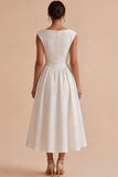 Vestido de noivado Jacquard branco A-Line Bateau Floral com manga curta