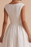 Vestido de noivado Jacquard branco A-Line Bateau Floral com manga curta