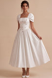 Vestido de noivado branco A-Line A-Line com decote quadrado e mangas bufantes