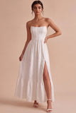 Vestido de noivado longo de Espartilho Jacquard branco A-Line Strapless sem alças