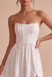 Vestido de noivado longo de Espartilho Jacquard branco A-Line Strapless sem alças