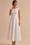Vestido de noivado longo Bateau Jacquard branco A-Line com mangas altas