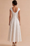 Vestido de noivado longo Bateau Jacquard branco A-Line com mangas altas