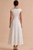 Vestido de noivado longo Bateau Jacquard branco A-Line com mangas altas