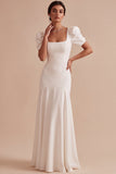Vestido de noivado longo branco, decote quadrado, linha A, com mangas bufantes
