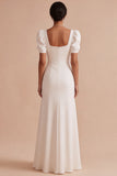 Vestido de noivado longo branco, decote quadrado, linha A, com mangas bufantes