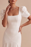 Vestido de noivado longo branco, decote quadrado, linha A, com mangas bufantes