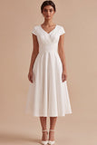 Vestido de noivado Midi branco branco em linha A com decote em V, com mangas curtas