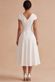 Vestido de noivado Midi branco branco em linha A com decote em V, com mangas curtas