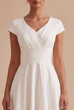 Vestido de noivado Midi branco branco em linha A com decote em V, com mangas curtas