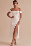 Vestido de Noivado Midi Espartilho Branco de Ombros Descobertos