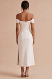Vestido de Noivado Midi Espartilho Branco de Ombros Descobertos
