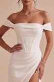 Vestido de Noivado Midi Espartilho Branco de Ombros Descobertos
