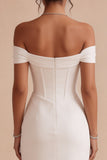 Vestido de Noivado Midi Espartilho Branco de Ombros Descobertos