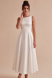 Vestido de noivado longo sem mangas Bateau branco A-Line