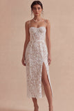 Vestido de Noivado Midi de Espartilho Branco em Renda e Fenda
