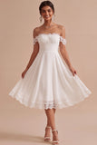 Vestido Branco Midi A-Line e Franzido Ombro Descoberto com renda