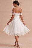 Vestido Branco Midi A-Line e Franzido Ombro Descoberto com renda