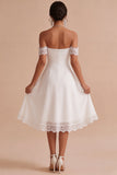 Vestido Branco Midi A-Line e Franzido Ombro Descoberto com renda