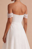 Vestido Branco Midi A-Line e Franzido Ombro Descoberto com renda