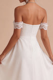 Vestido Branco Midi A-Line e Franzido Ombro Descoberto com renda