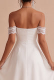 Vestido Branco Midi A-Line e Franzido Ombro Descoberto com renda