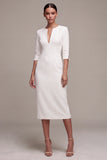 Vestido de noivado Midi branco, decote em V, com mangas 3/4