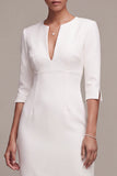 Vestido de noivado Midi branco, decote em V, com mangas 3/4