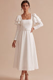 Vestido de noivado longo branco com mangas A-line e decote quadrado, vestido de noivado comprido com cinto