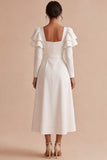 Vestido de noivado longo branco com mangas A-line e decote quadrado, vestido de noivado comprido com cinto