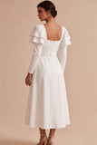 Vestido de noivado longo branco com mangas A-line e decote quadrado, vestido de noivado comprido com cinto