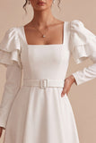 Vestido de noivado longo branco com mangas A-line e decote quadrado, vestido de noivado comprido com cinto