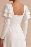 Vestido de noivado longo branco com mangas A-line e decote quadrado, vestido de noivado comprido com cinto